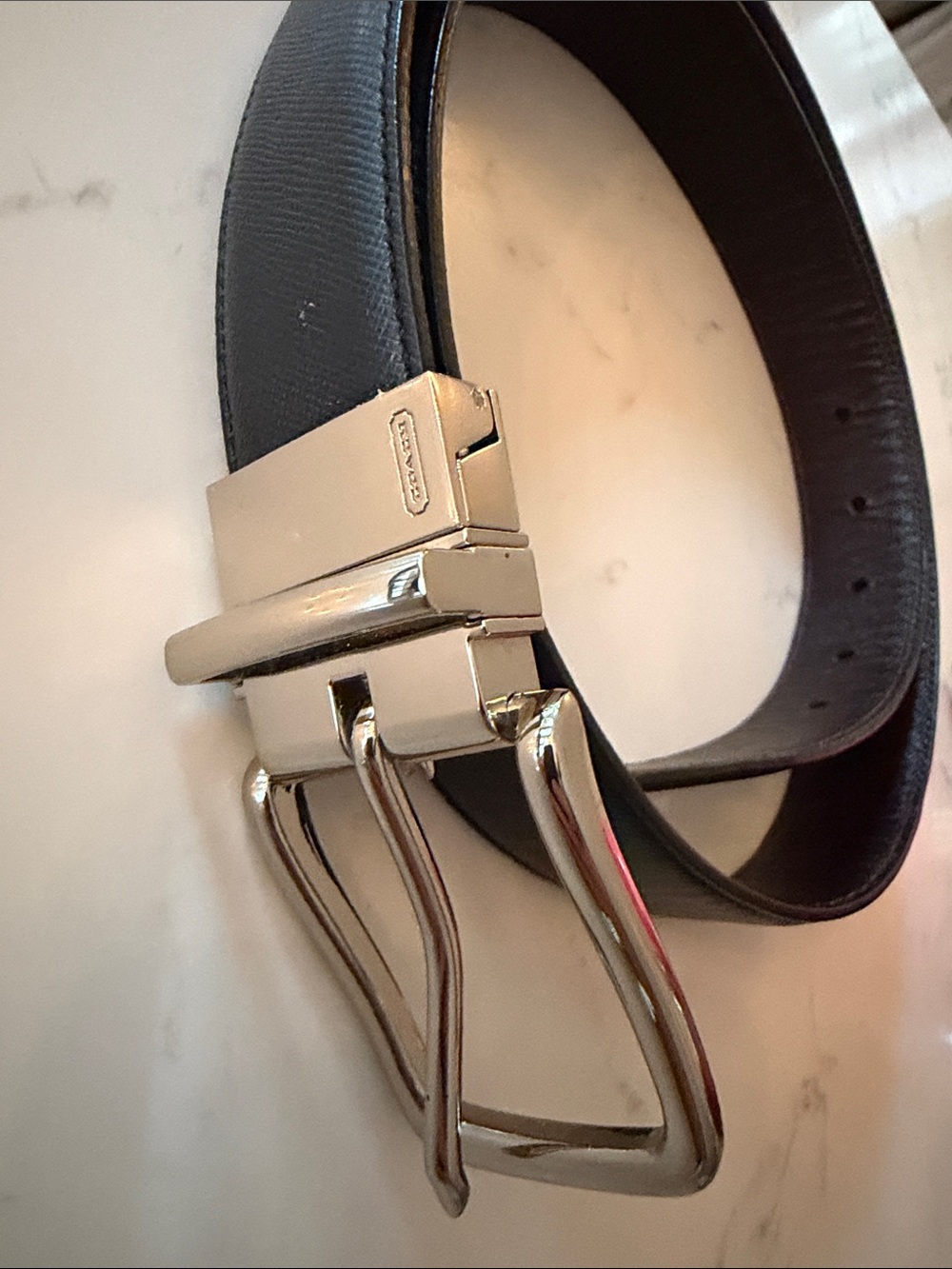 Coach Black and Brown Reversible Leather Belt with Silver Buckle